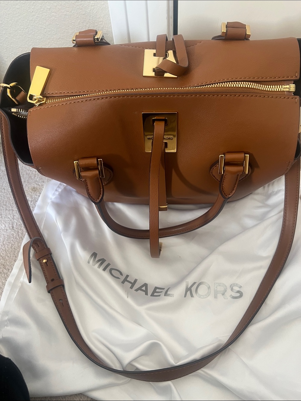 Michael Kors Collection Brown Leather Satchel with Gold Accents - Picture 4 of 6
